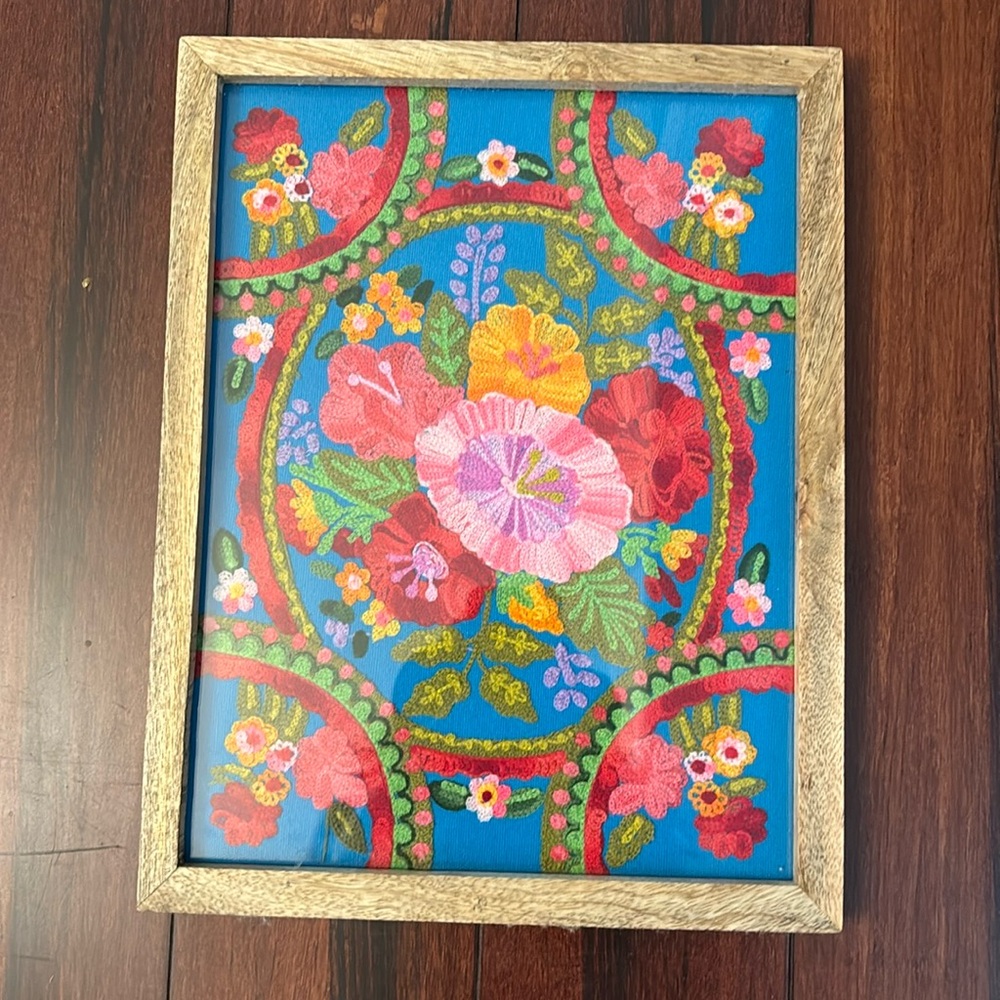 Vibrant Floral Embroidery in Natural Wood Frame